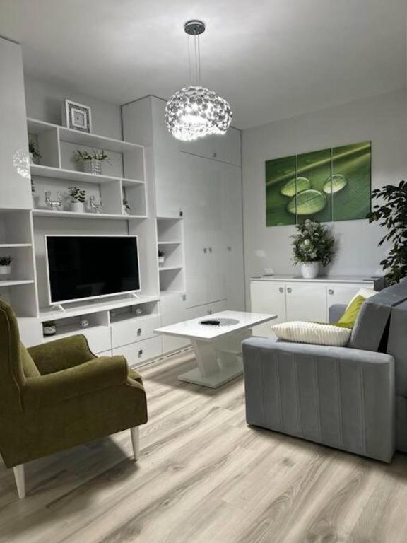 a living room with a couch and a tv at Verdana apartament in Timişoara