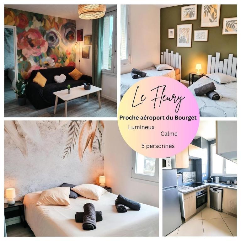 a collage of pictures of a room with two beds at Le Fleury appartement moderne 2 chambres, à côté du salon du Bourget in Le Blanc-Mesnil