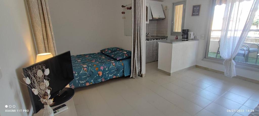 un salon avec un canapé et une cuisine dans l'établissement studio proche gare et ville, à Antibes