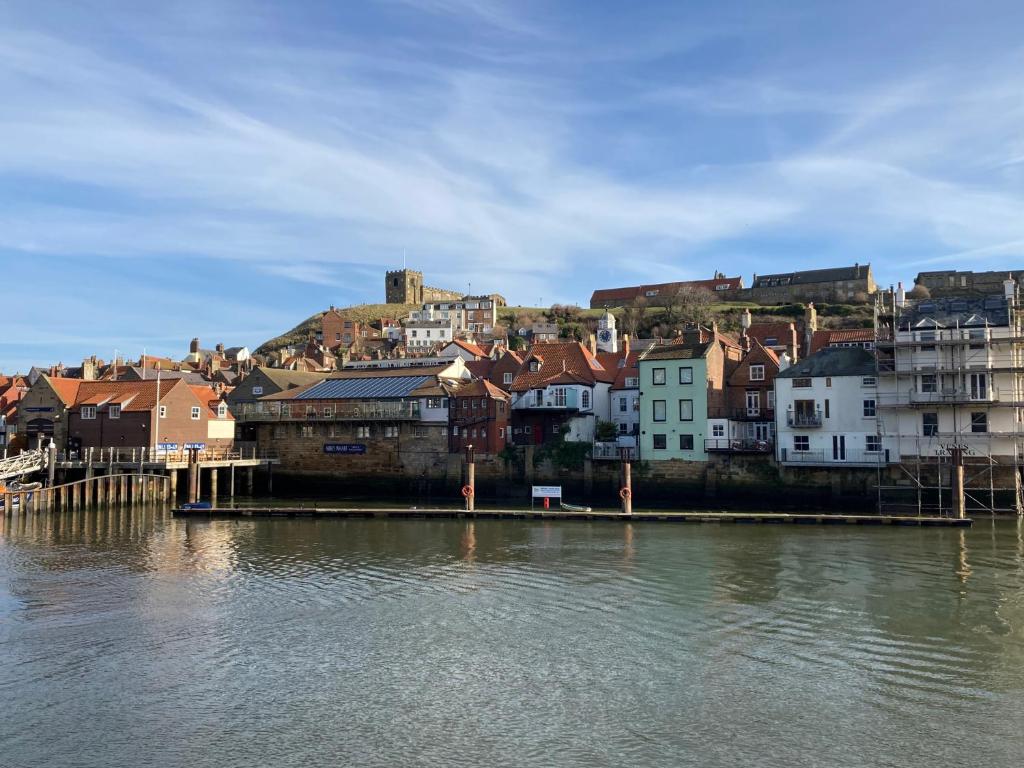 a group of buildings on a hill next to the water at The Buck Inn in Whitby