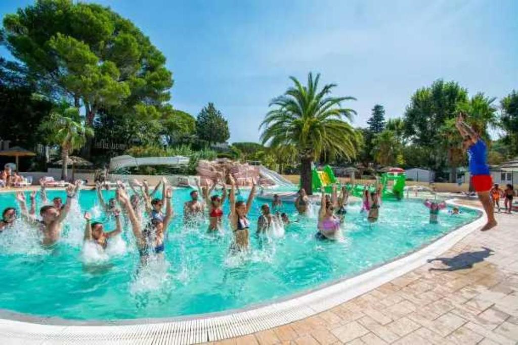 un groupe de personnes dans une piscine dans l'établissement Camping 3 étoiles - Parc aquatique - eecehf, à Fréjus