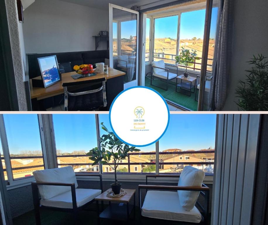 - un salon avec une table, des chaises et une grande fenêtre dans l'établissement Studio Loggia Mas de la Pinède parking, à Valras-Plage