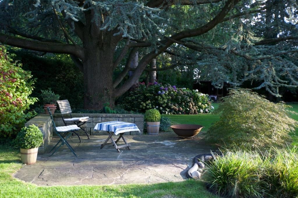 eine Terrasse mit einem Tisch und Stühlen unter einem Baum in der Unterkunft The Garden Guesthouse in Basel