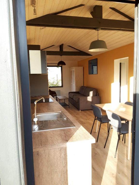 une cuisine et un salon avec un évier et une table dans l'établissement Quiet apartment, à Dinard