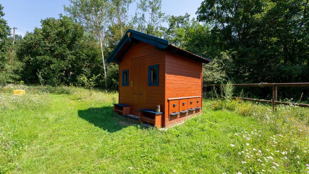 mały drewniany dom na polu trawy w obiekcie Apidomek w mieście Hostim