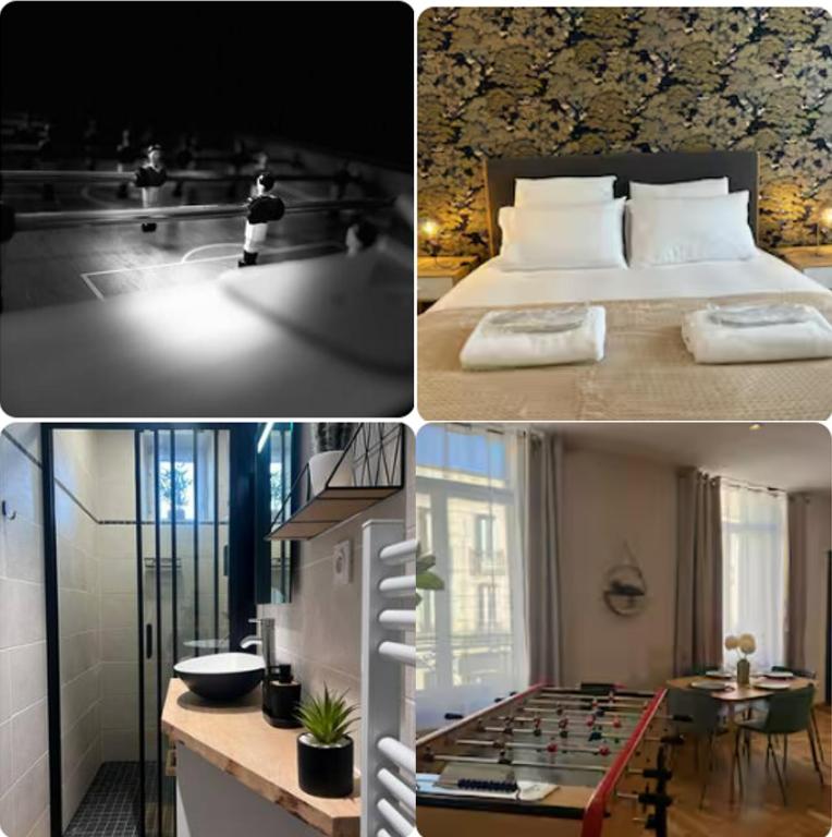 un collage de trois photos d'une chambre et d'un lit dans l'établissement L'Original - Villa Courtais - Hypercentre, à Montluçon