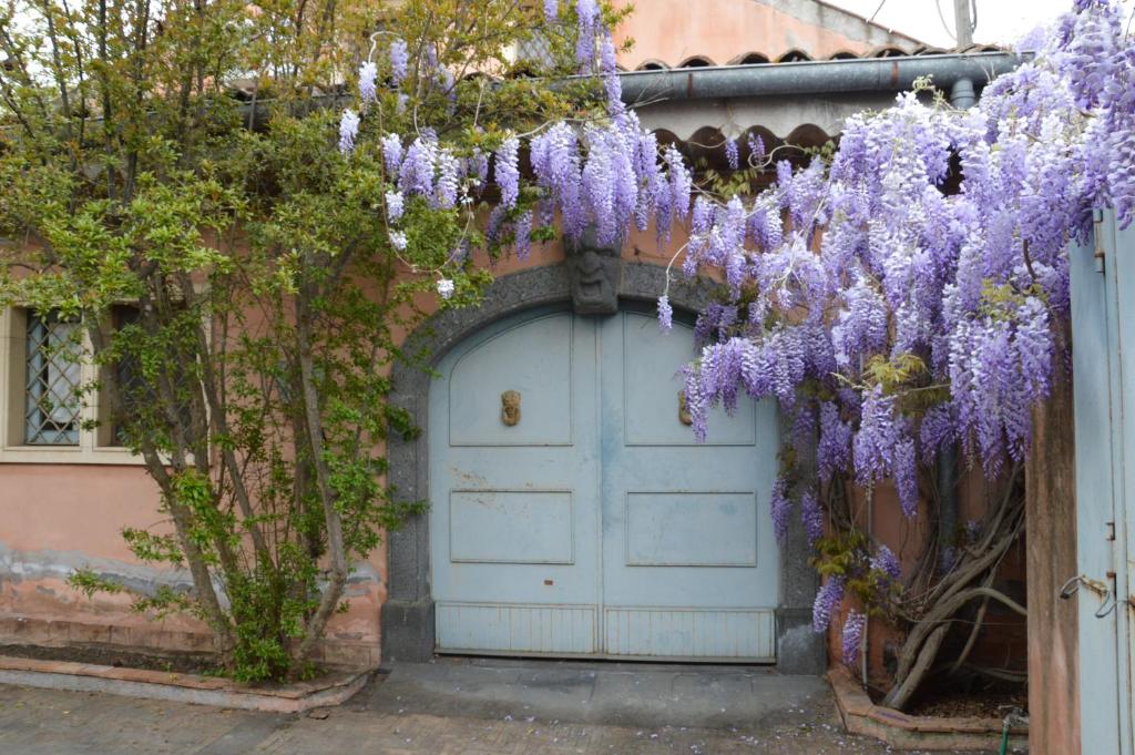 una corona de flores púrpuras colgando sobre una puerta en Relais de Charme - B&B Short Lets La Casa di Francesca, en Sant’Agata Li Battiati 