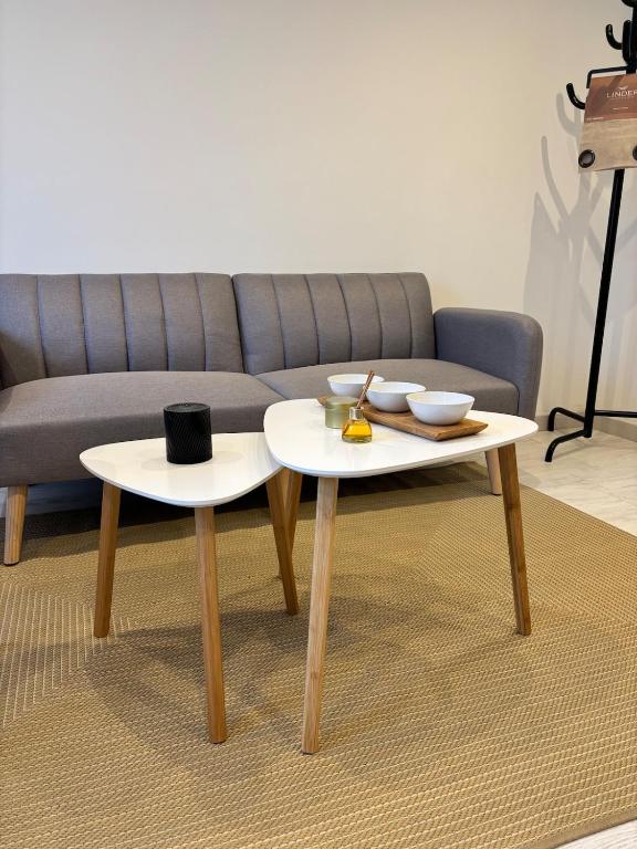 - deux tables dans un salon avec un canapé dans l'établissement Élégant T2 à 100m de la plage - Proche Aéroport, à Cagnes-sur-Mer