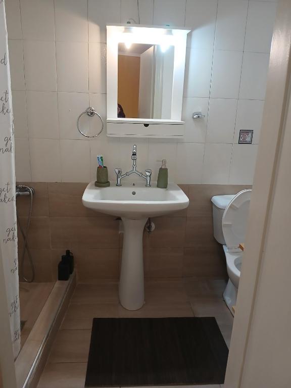 a bathroom with a sink and a toilet and a mirror at Athina in Thessaloniki