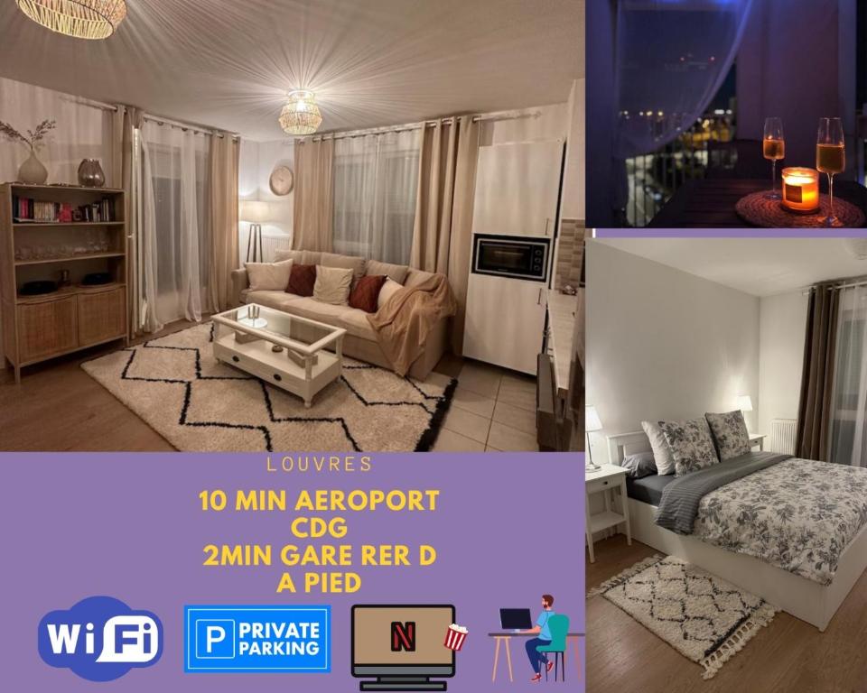 - une chambre et un salon dans l'établissement Cozy appartement situé à 10 min de aéroport de ROISSY CDG situé a 1 min à pied de la gare RER direction Paris centre 20min, à Louvres