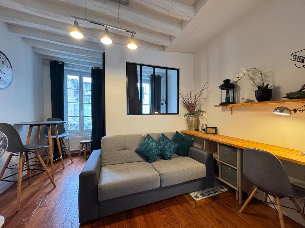 un salon avec un canapé et une table dans l'établissement Charmant appartement en centre ville de Fontainebleau, à Fontainebleau