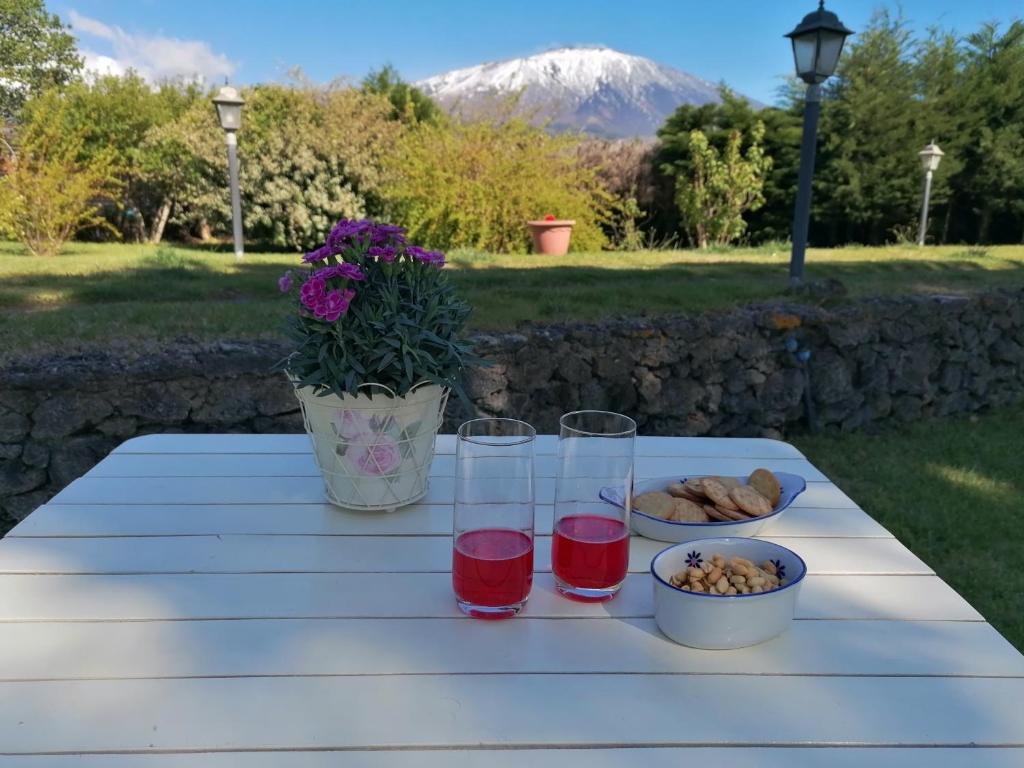 un tavolo da picnic con due bicchieri e una ciotola di cibo di Nero Etna a Bronte