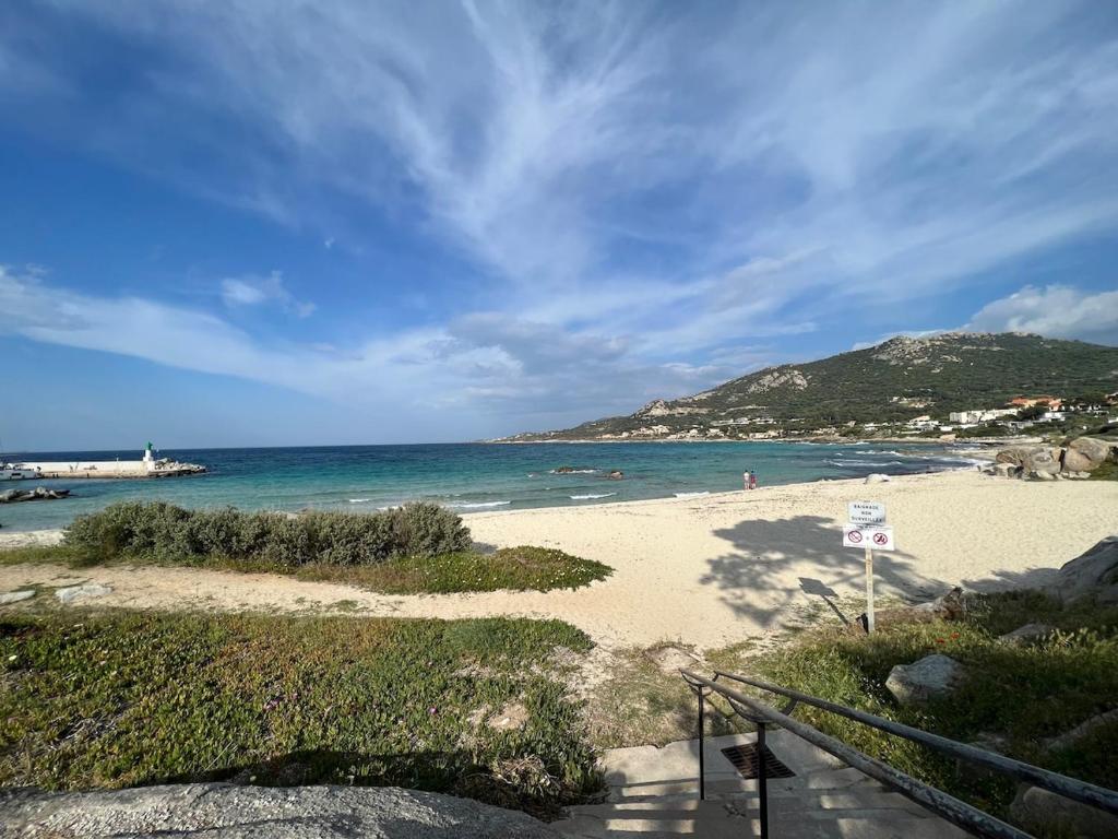 une plage de sable avec l'océan en arrière-plan dans l'établissement Marine de Sant'Ambroggio, à Lumio