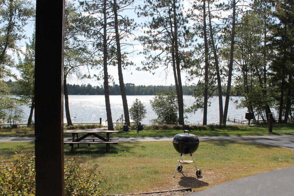 una parrilla sentada en el césped junto a una mesa de picnic en 2 Bedroom Duck Lake Condo, #107, en Eagle River