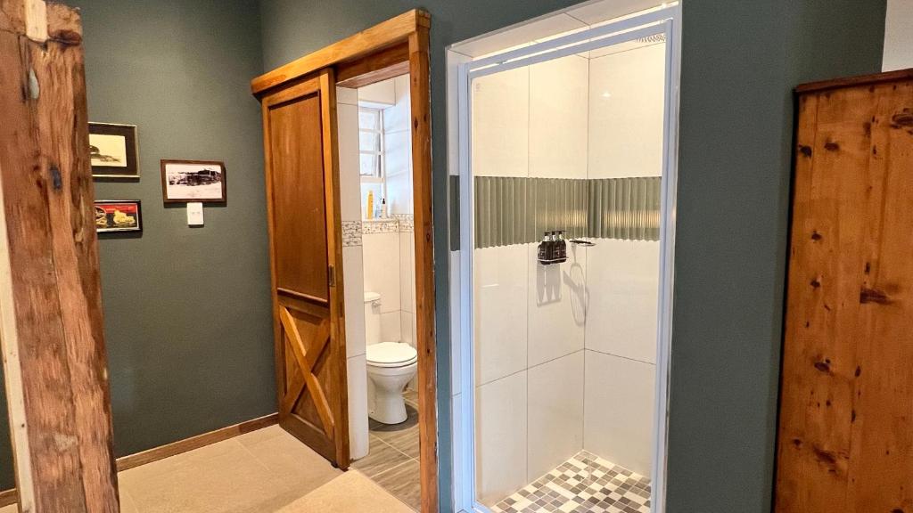 bagno con doccia e servizi igienici di Glen Eden Lodge a Lidgetton