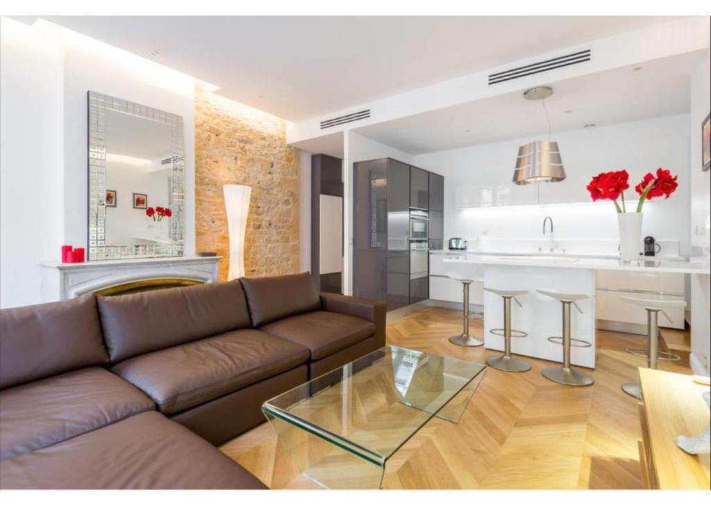 a living room with a brown couch and a kitchen at Appartement de luxe Place Bellecour in Lyon