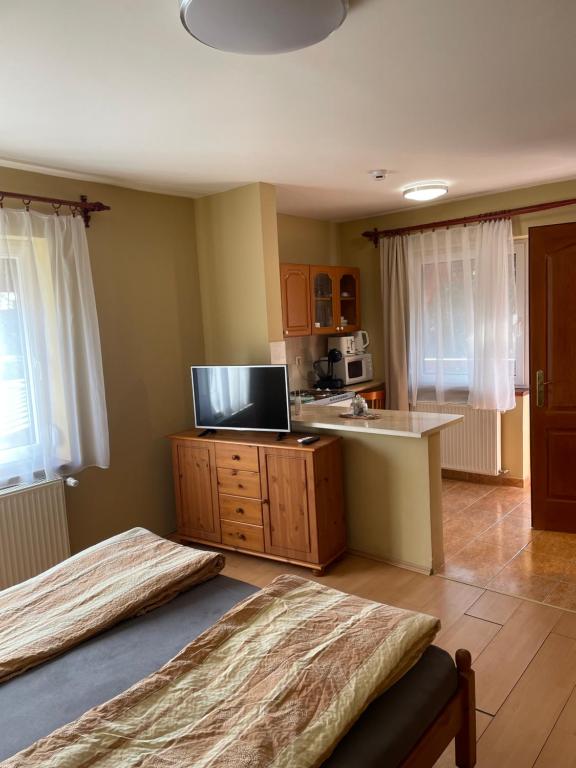 Kuchyň nebo kuchyňský kout v ubytování Rózsakert Apartmanház