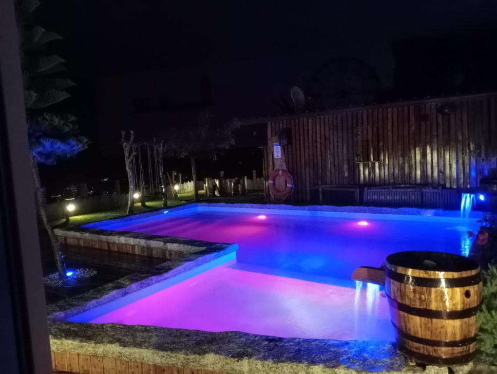 阿尔库什迪瓦尔德维什Casa do Outeiro的游泳池晚上有紫色灯光