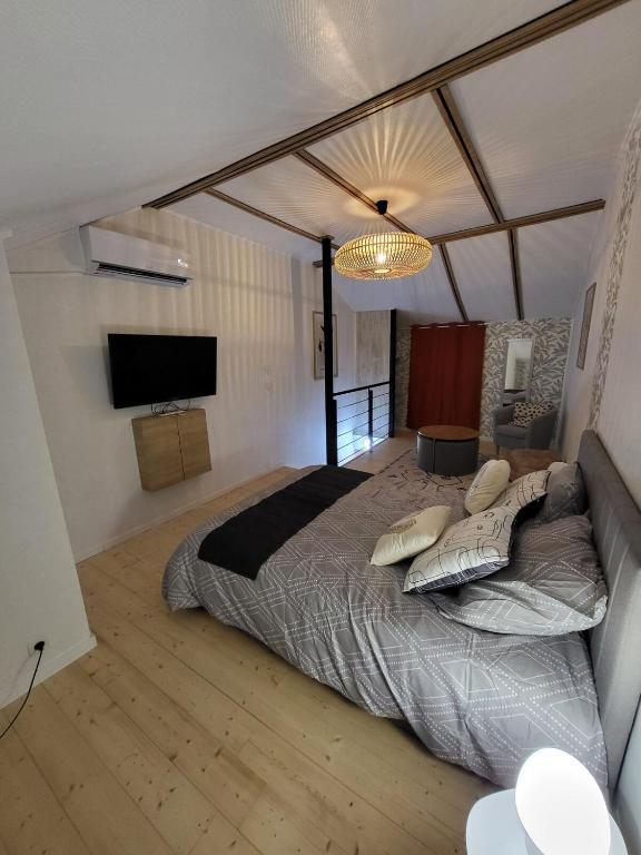 a bedroom with a large bed and a flat screen tv at Maison 4p, parking, terrasse, jardin in Chancenay