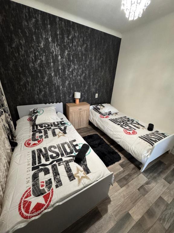 a bedroom with two beds and a accent wall at Maison des rivages 3 chambres in Saint-Géréon