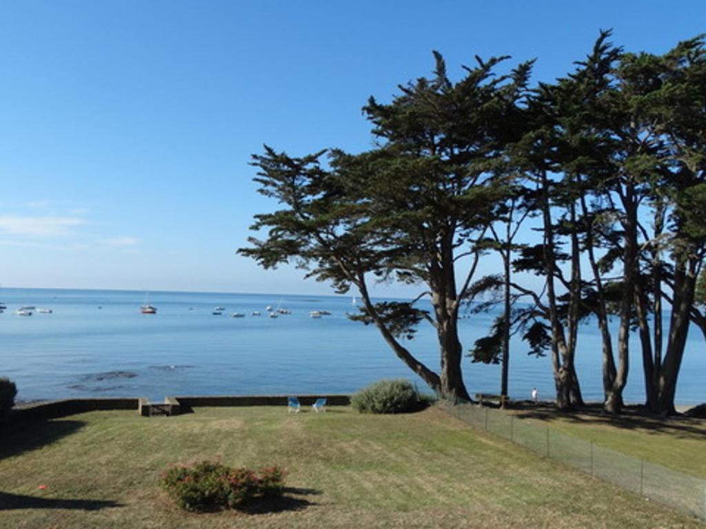 un parc avec des arbres et une vue sur l'eau dans l'établissement Grande maison familiale au Roaliguen, vue mer - FR-1-639-133, à Sarzeau