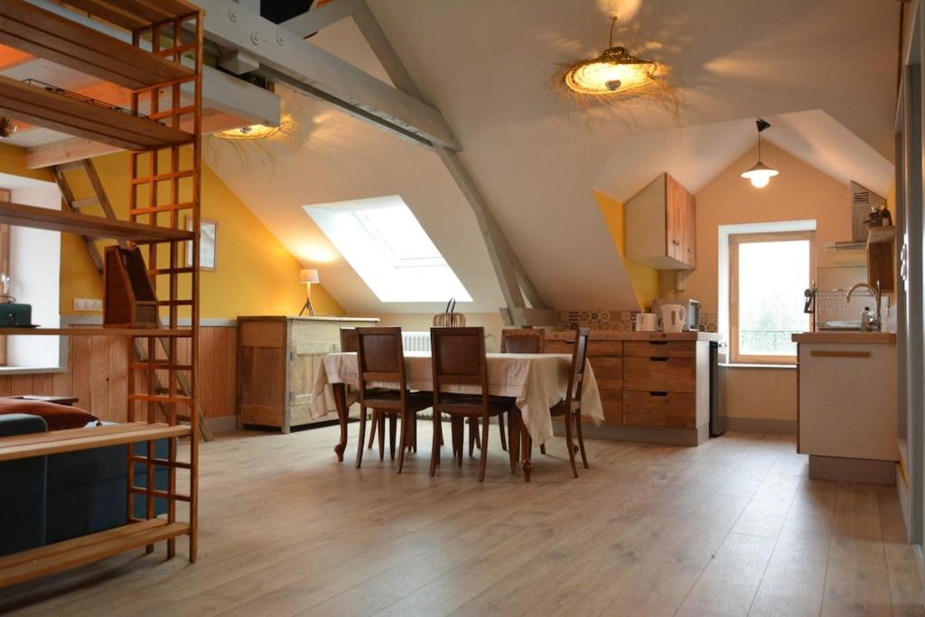 une cuisine et une salle à manger avec une table et des chaises dans l'établissement Appartement des Cigalous, à Épinal