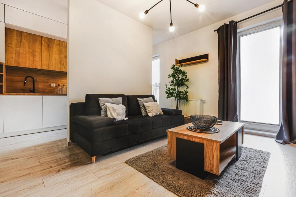 a living room with a black couch and a table at Komfortowe apartamenty w centrum Wrocławia in Wrocław