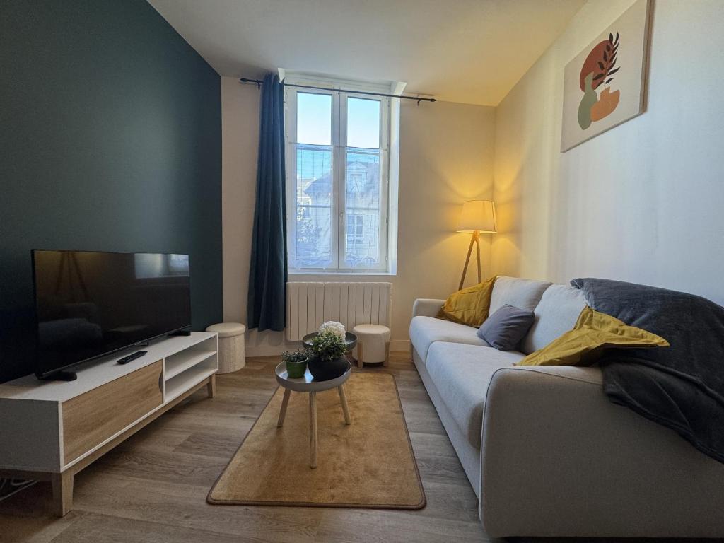 un salon avec un canapé et une télévision à écran plat dans l'établissement Le Grand Victor - 7 pers - Hyper Centre - Rêve au Mans, au Mans