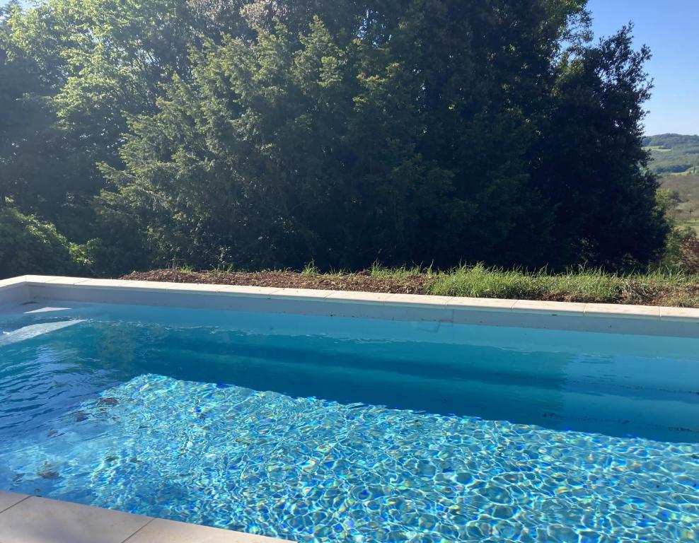 une piscine avec de l'eau bleue dans une cour dans l'établissement Maison la Douime, à Azerat