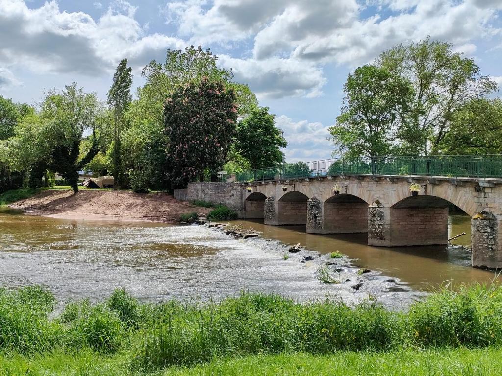 a bridge over a river with trees and grass at Camping Les Voiles Sur Grosne in Savigny-sur-Grosne