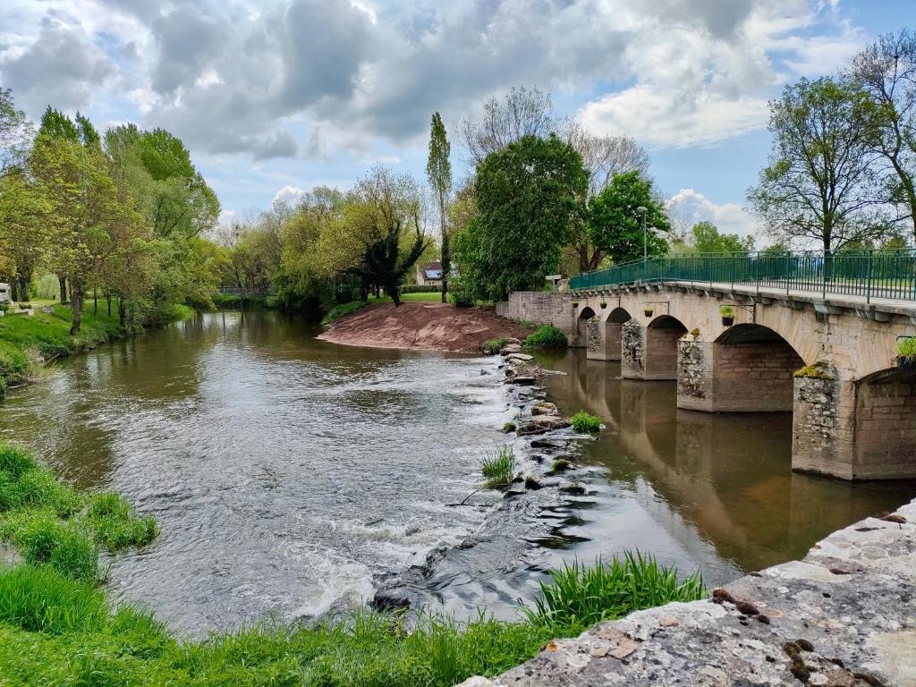a bridge over a river in a park at Camping Les Voiles Sur Grosne in Savigny-sur-Grosne