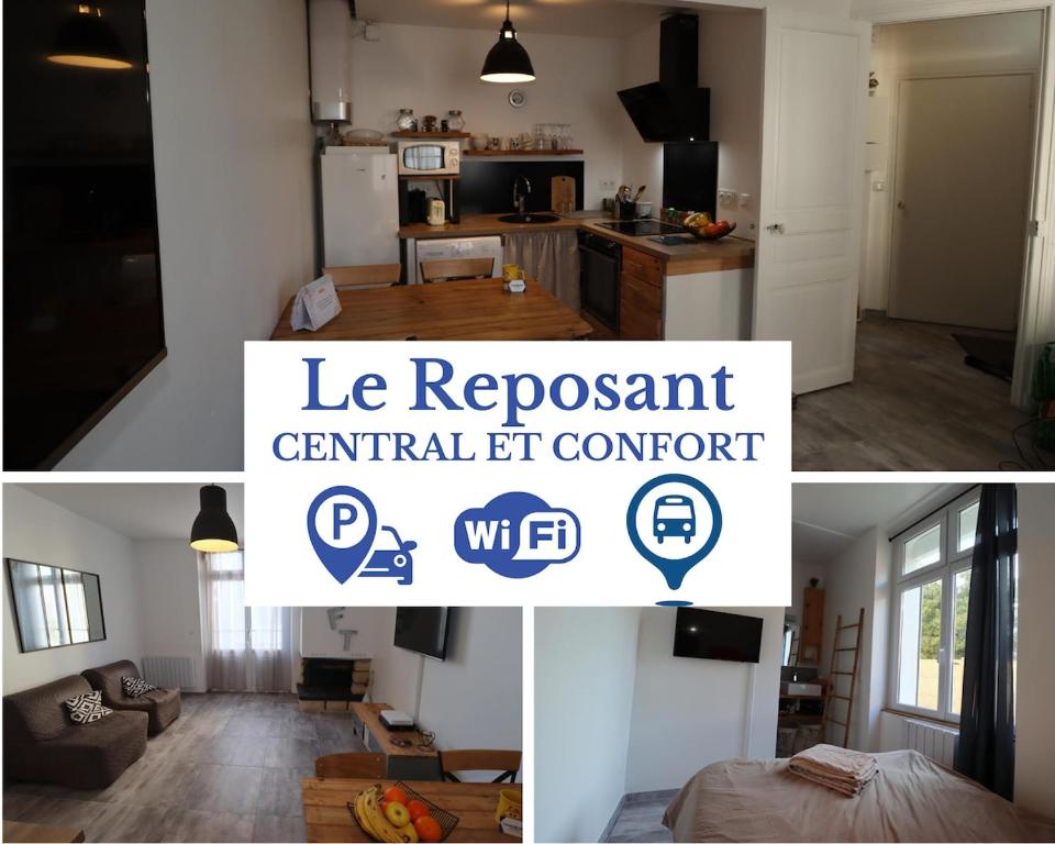 un collage de photos d'une cuisine et d'un salon dans l'établissement Le Reposant by Tranquil at Home, à Pornichet