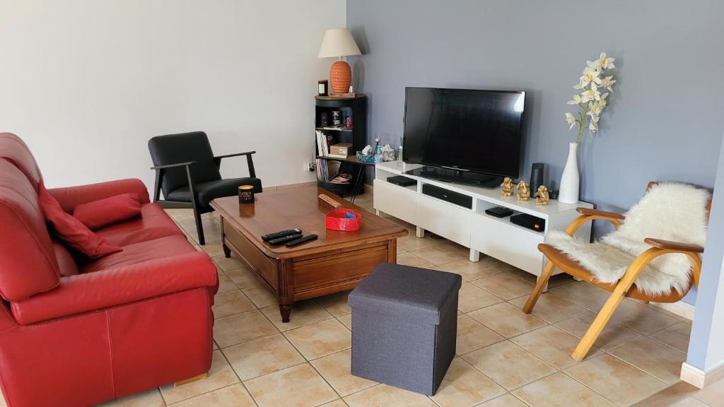 Televízia a/alebo spoločenská miestnosť v ubytovaní Chambre privée des 2 Clochers