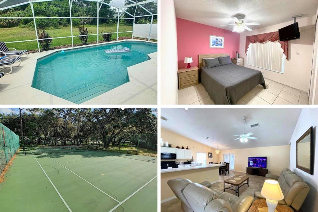 un collage de fotos de una casa con piscina en 1629 Oak Hill Trail, en San Angelo