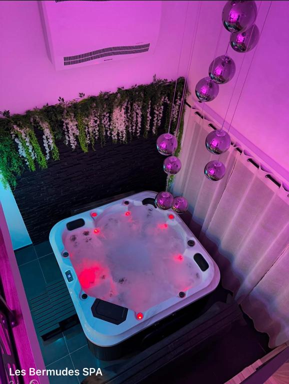 - un bain à remous dans une chambre avec des lumières violettes dans l'établissement La villa les Bermudes, à Wasnes-au-Bac