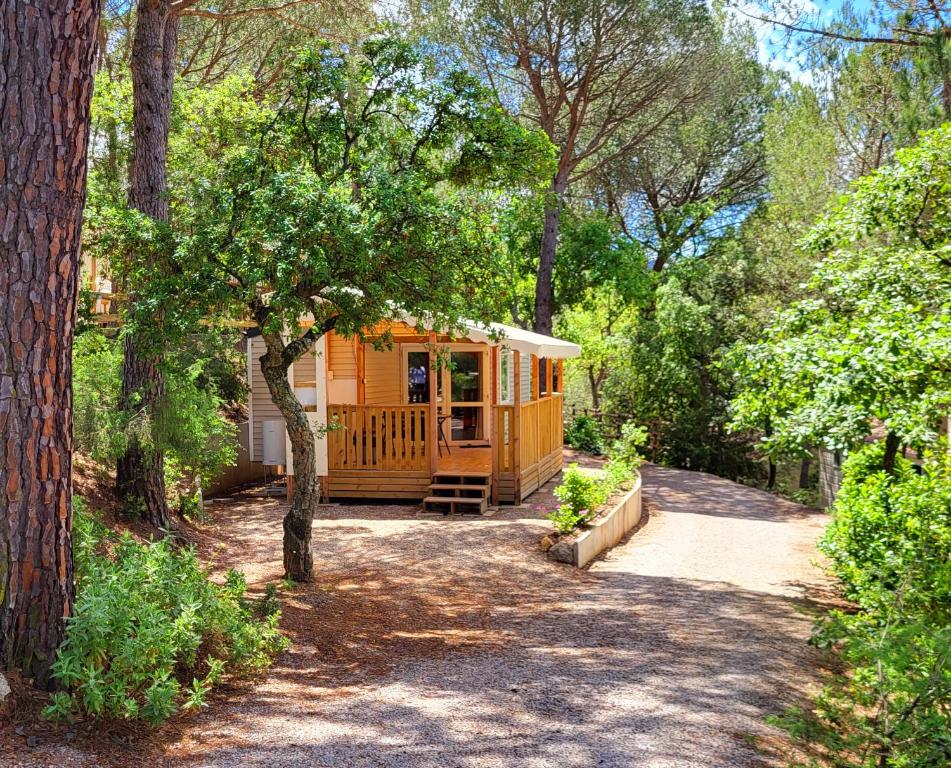 une cabane dans les bois avec une véranda et des arbres dans l'établissement Mobilehome Leï Suves Côte d'Azur, à Roquebrune-sur Argens