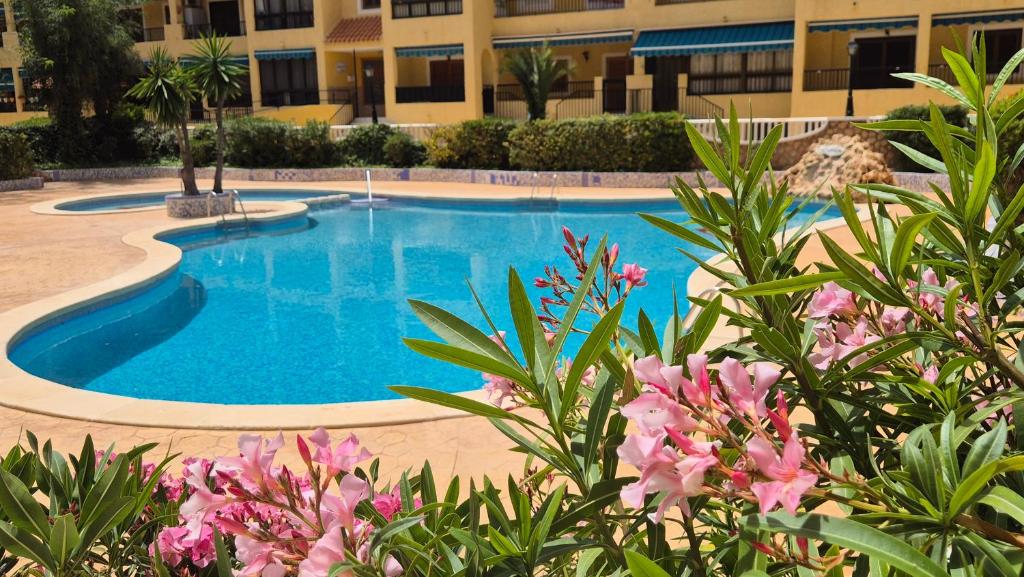 a swimming pool in front of a building with pink flowers at Gladmar Apartment in La Mata