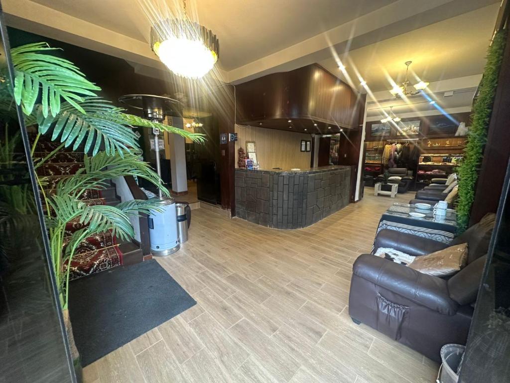 een lobby met leren banken en planten bij Camino Real Puno in Puno