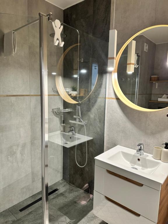W łazience znajduje się prysznic, umywalka i lustro. w obiekcie Amko Style Apartamenty Nord 8 z ogródkiem Willa Nord w Jastrzębiej Górze