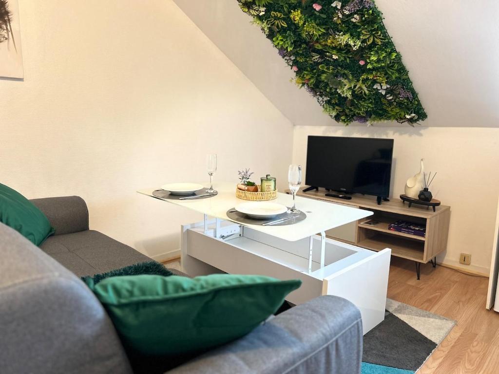 un salon avec un canapé et une télévision dans l'établissement Nid Douillet Proche Centre ville, à Troyes