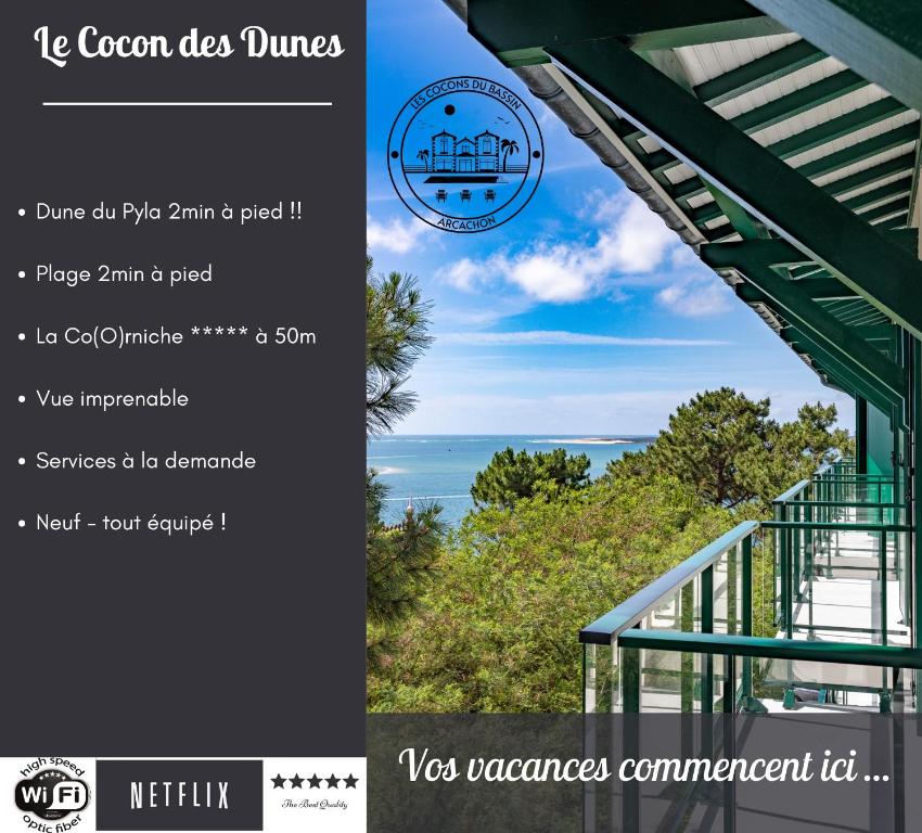 - un flyer pour une maison de plage avec vue sur l'océan dans l'établissement Le Cocon Des Dunes - Vue mer, Plage&Corniche à pied, à Le Moulleau