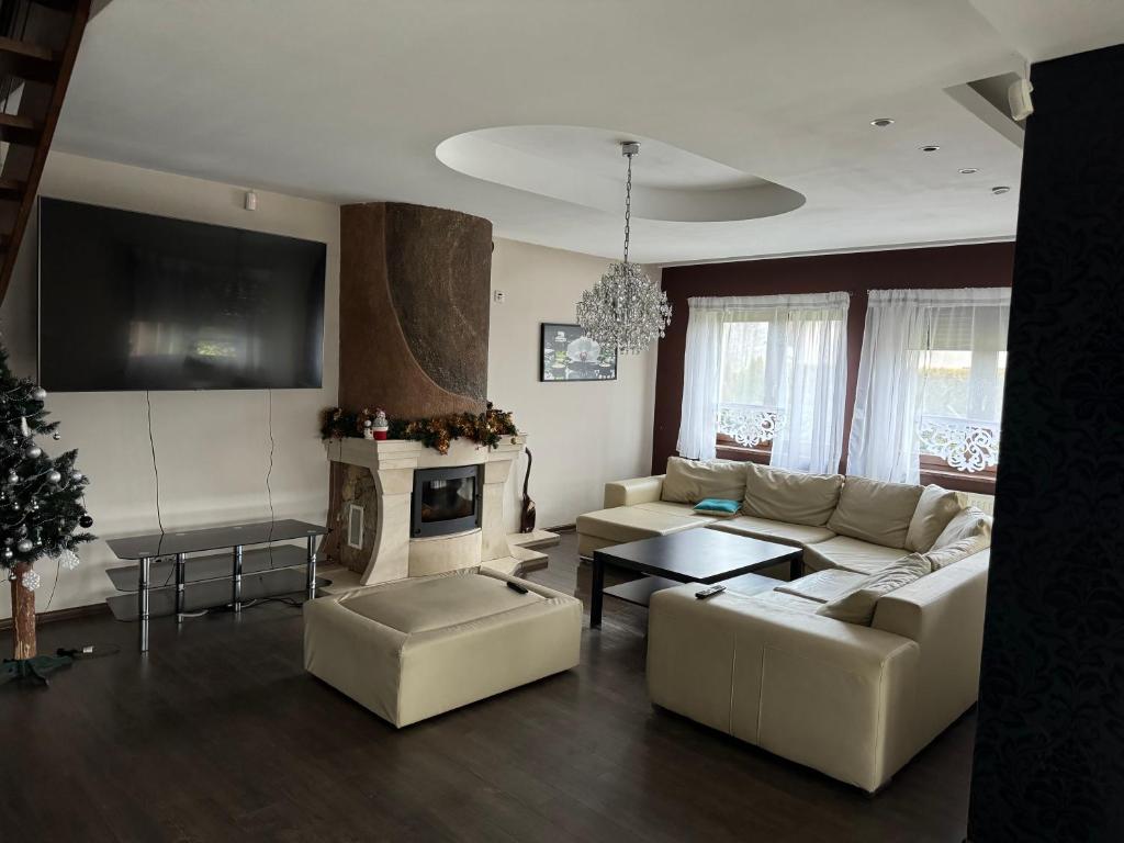 un soggiorno con divano e camino di Wyłączony a Krotoszyce