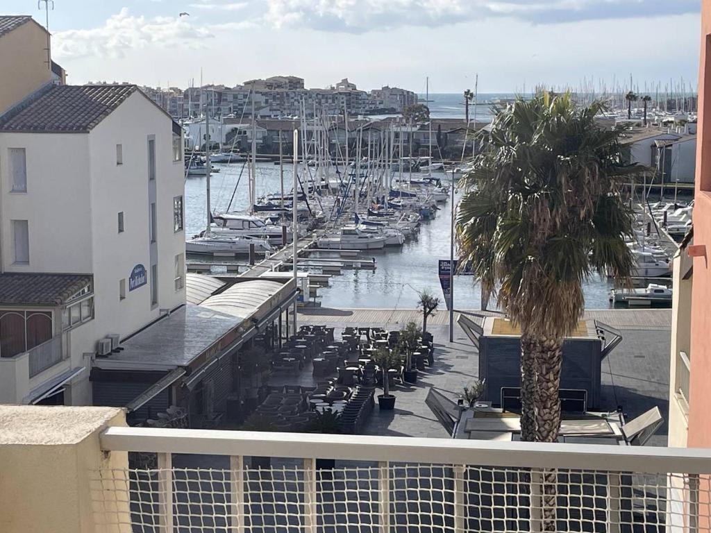 une vue d'une marina avec des bateaux dans l'eau dans l'établissement Appartement centre port, terrasse, piscine, proche mer - FR-1-723-171, au Cap d'Agde