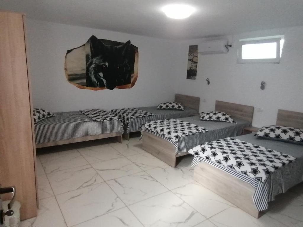 Măceşu de JosにあるPensiunea Melissaのベッド3台と鏡付きの部屋