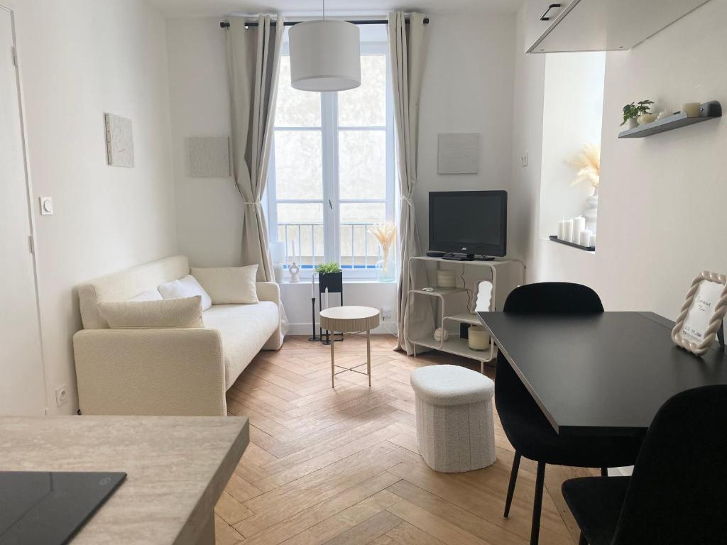 un salon avec un canapé blanc et une télévision dans l'établissement Cocon cosy hyper centre, à Saint-Malo