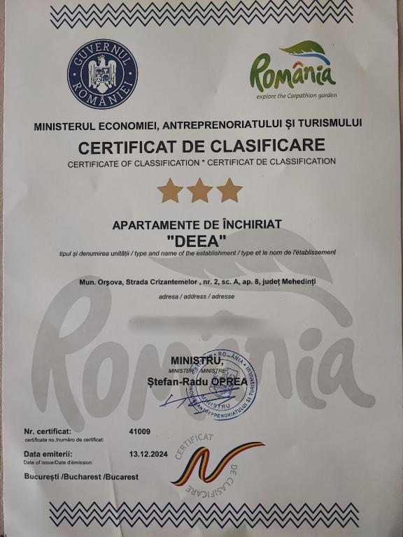 Certifikát, hodnocení, plakát nebo jiný dokument vystavený v ubytování Deea