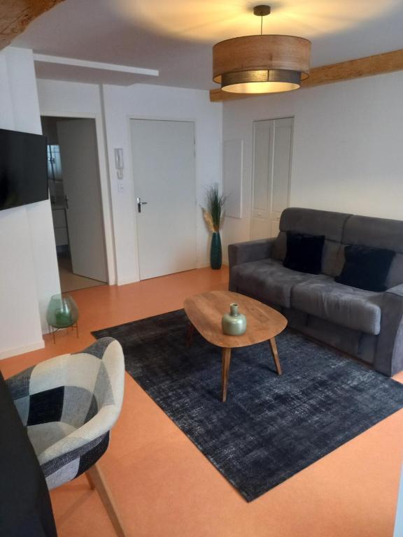 a living room with a couch and a table at appartement coeur de ville Laruns 2 ou 3 personnes in Laruns