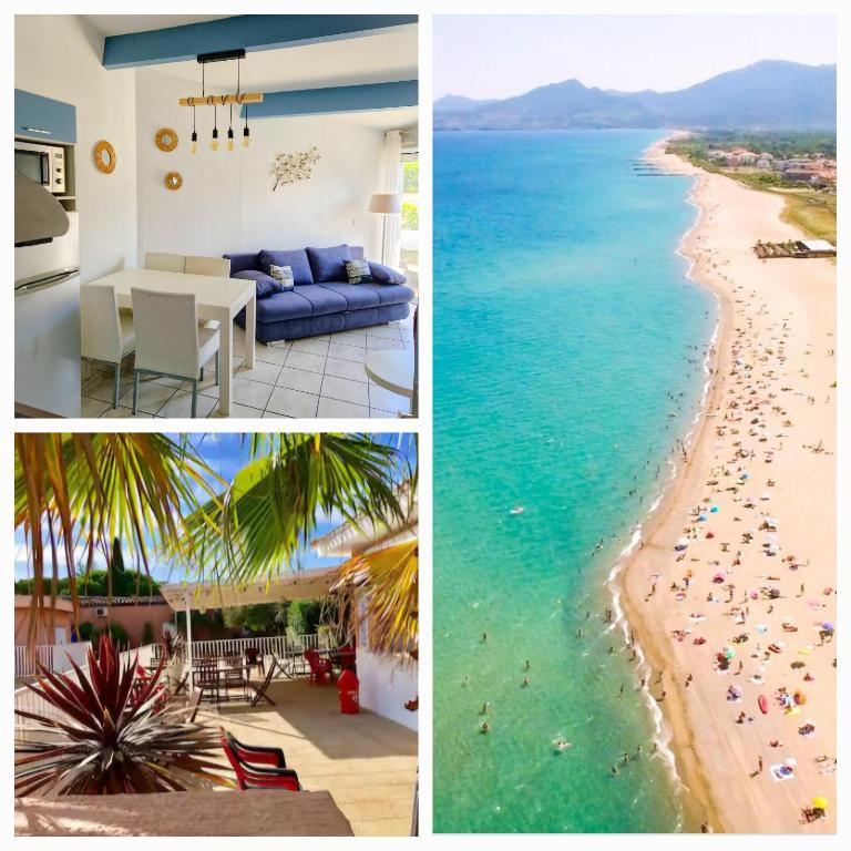 un collage de photos de la plage et d'une maison dans l'établissement Charmante maison avec piscine, à Saint-Cyprien