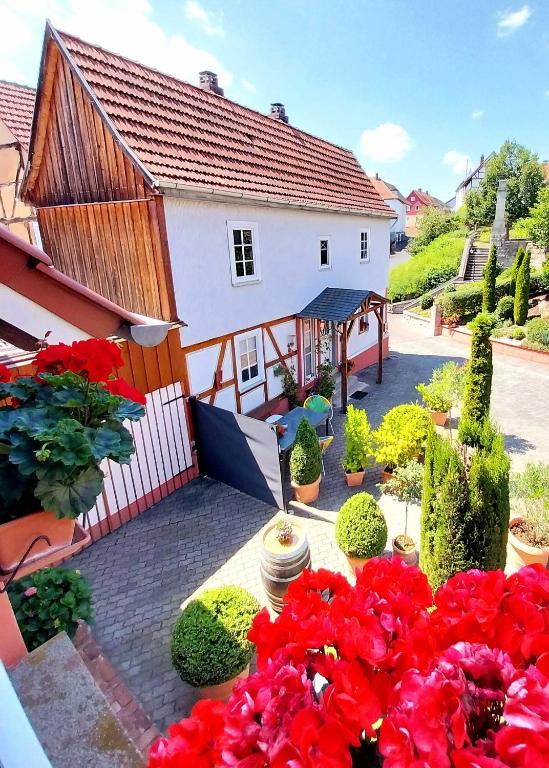 a house with red flowers in a courtyard at Hof Eckens - Ferienhaushaus Marie in Wildeck Bosserode in Wildeck