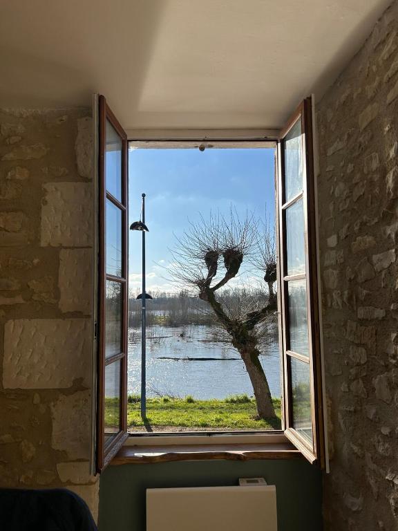 - une fenêtre dans une chambre avec vue sur un arbre dans l'établissement Écrin de Loire, à Pouilly-sur-Loire